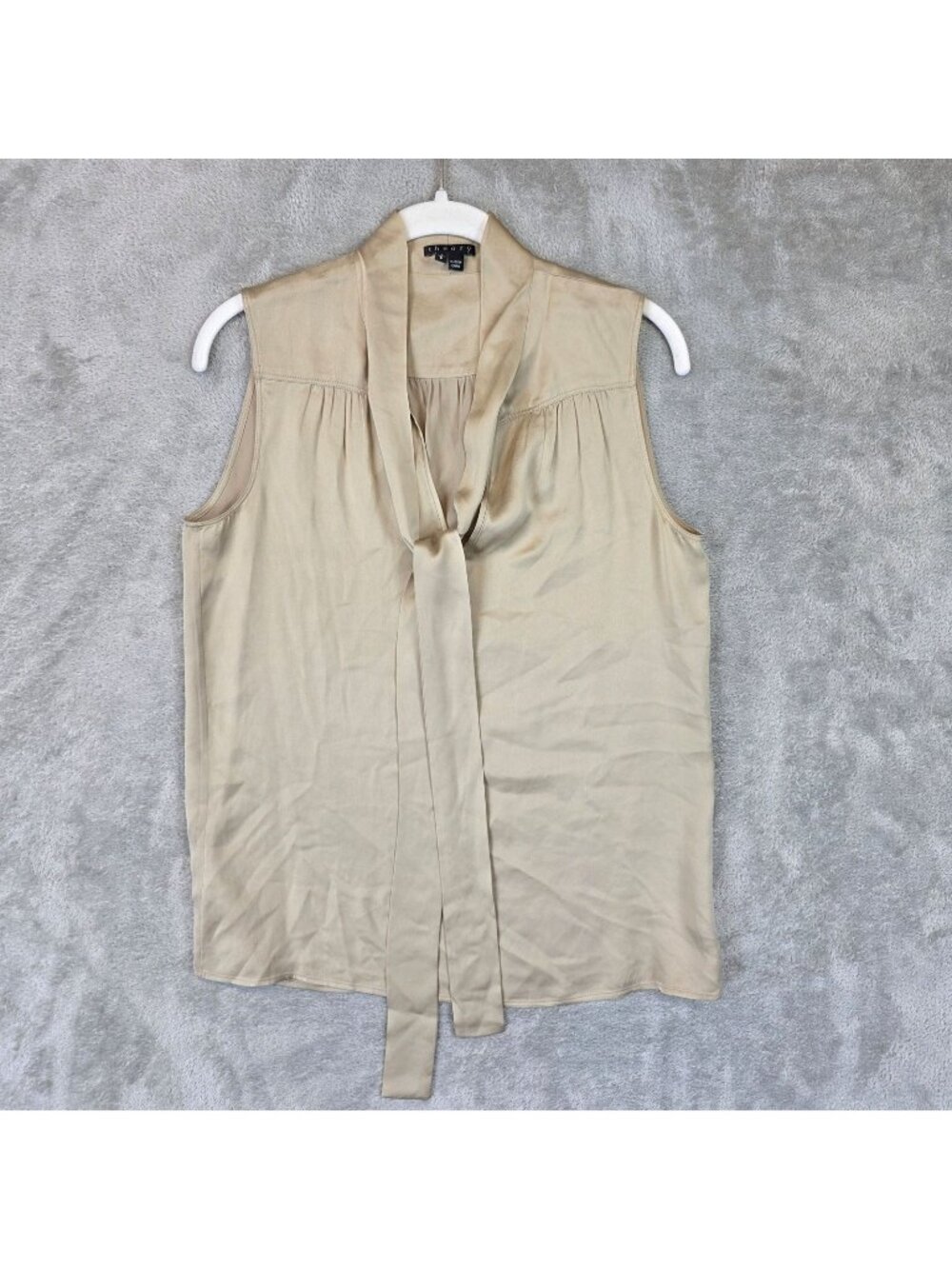 Theory Blouse Womens Small Beige Collared Sleeveless Silk Tie Neck Bow Top